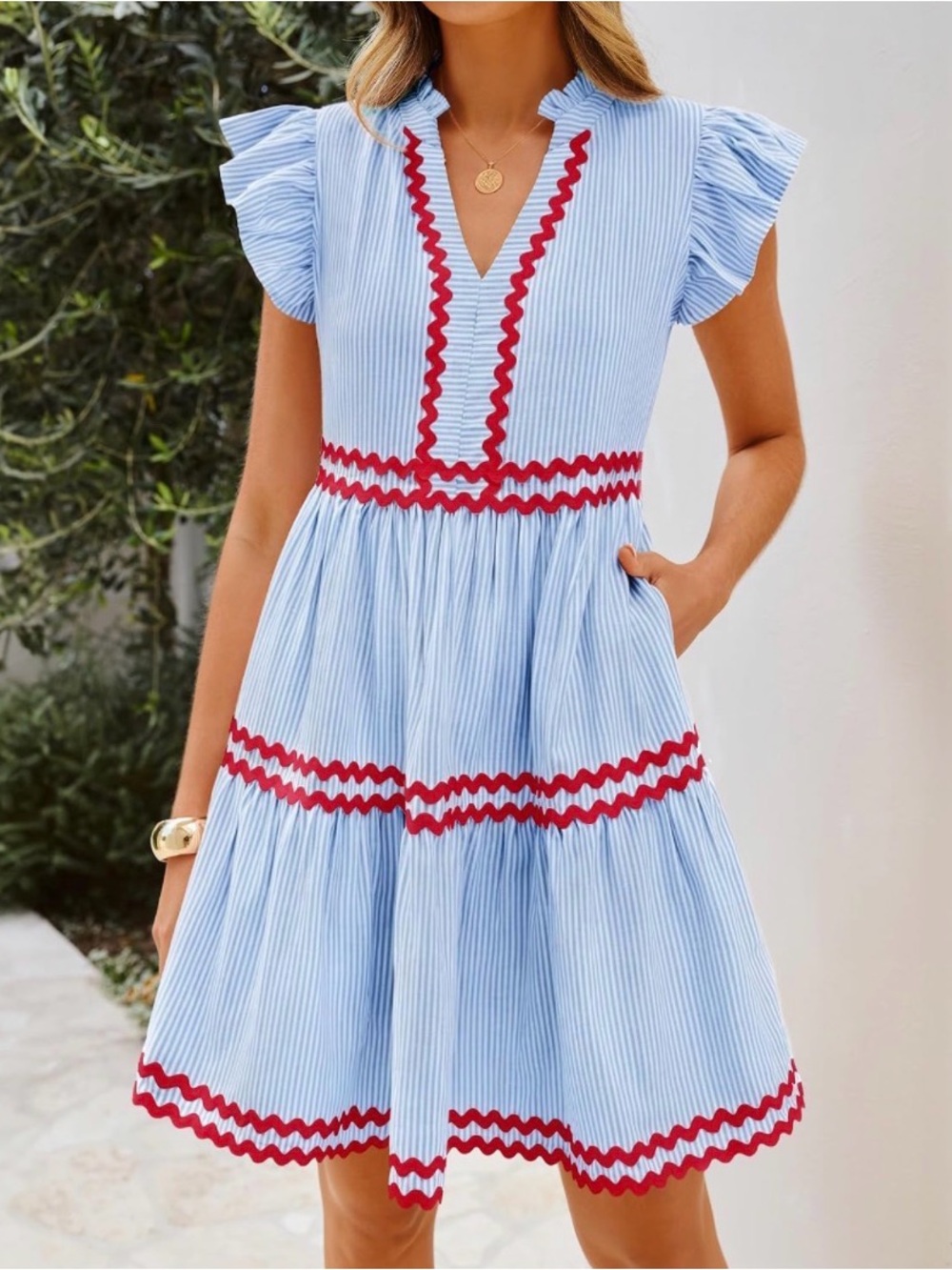 Blue Striped Mini Dress with Red Trim